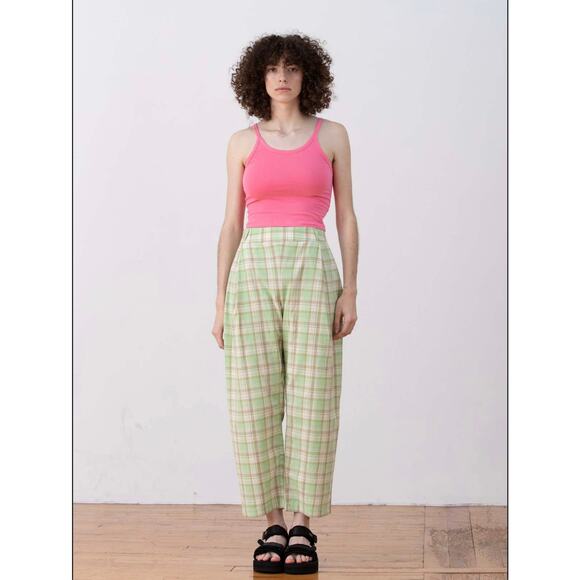 Ali Golden Pleated Pants Lime Green Plaid Cropped Wide Leg Medium High Waisted - Picture 1 of 6